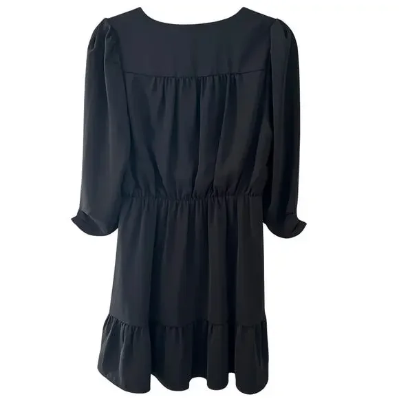 THML Mini Dress Black Small Ruffle Long Sleeve V Neck - Picture 2 of 7